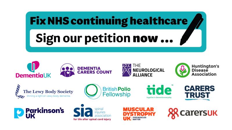 Text reads Fix NHS continuing healthcare, sign our petition now. 