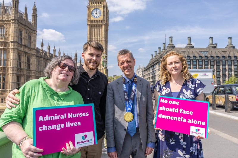 Dementia UK storytellers pictured outside Westminster for the Time for a Cuppa Parliamentary Event