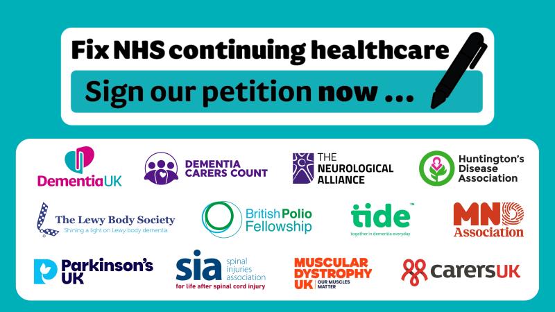 Text reads Fix NHS continuing healthcare, sign our petition now. 